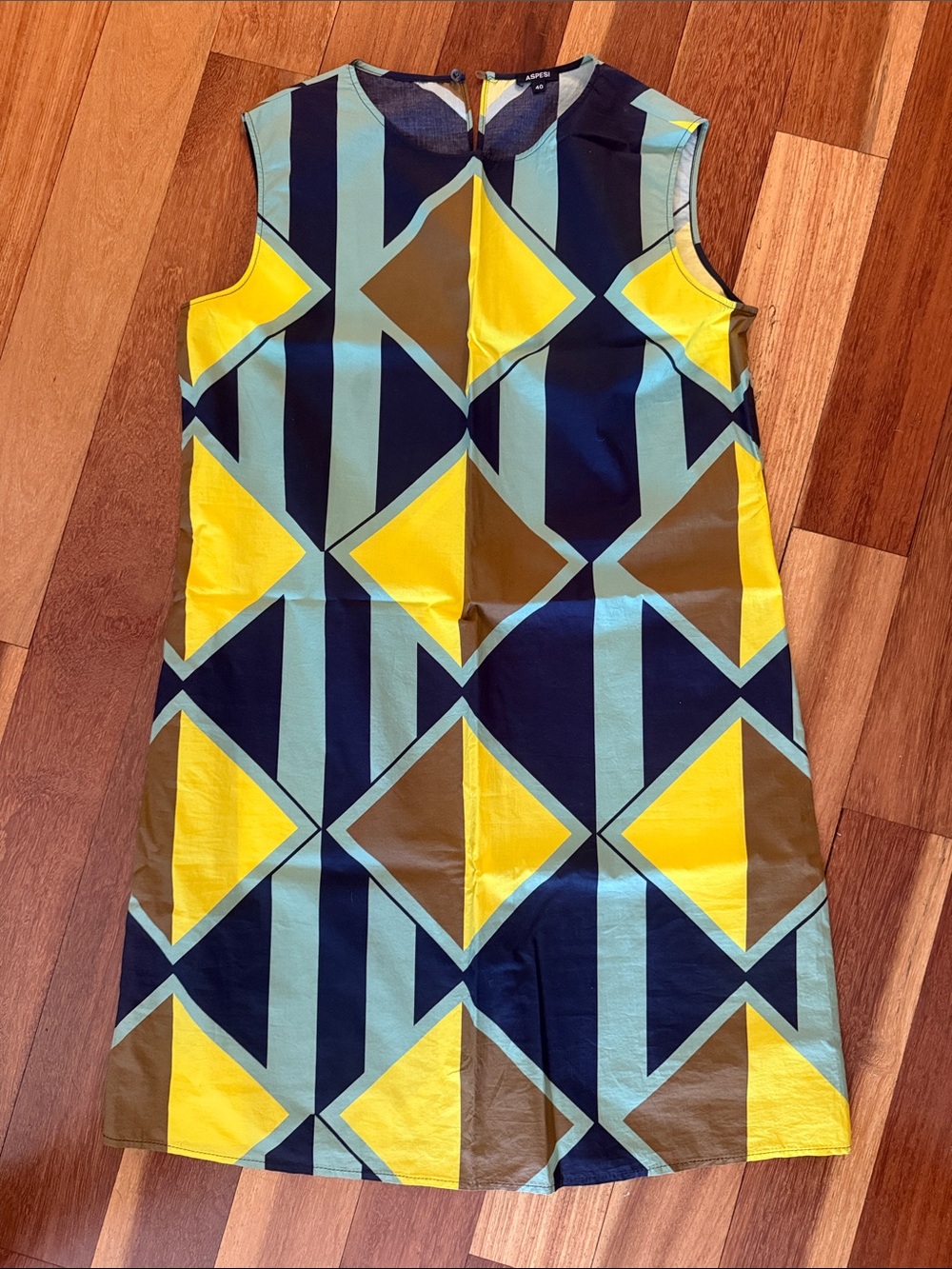 Aspesi Mod Geometric Shift Dress in Yellow, Navy & Olive